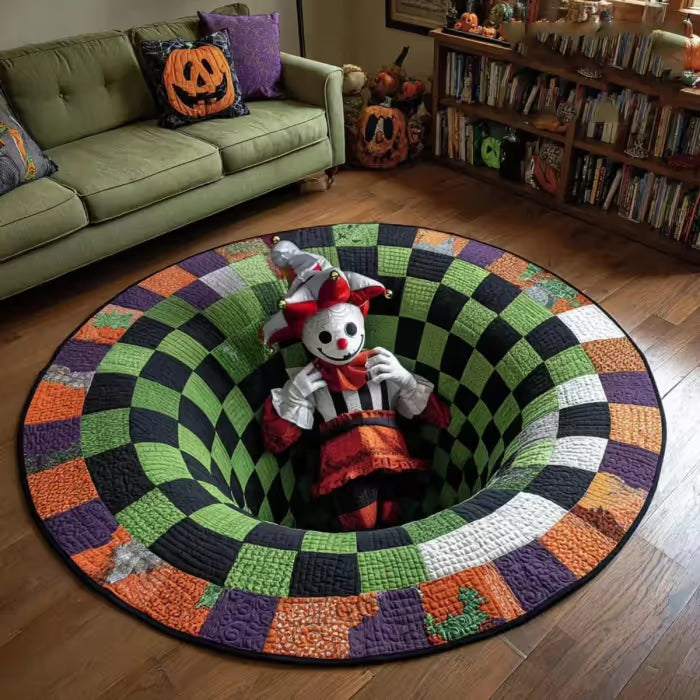 🎃3D visual Skeleton Vortex Quilted Round Halloween Rug