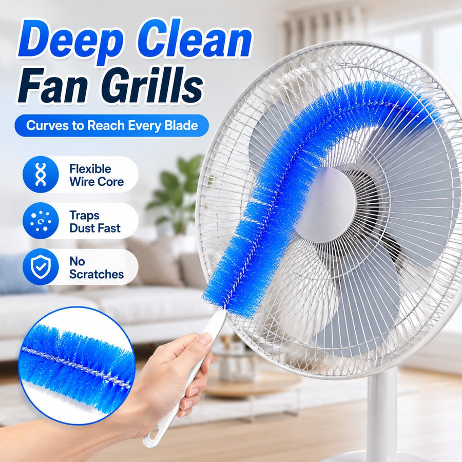 Bendable dusting brush shaped to clean a fan grille