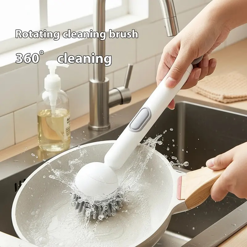 6-in-1 Dish Brush with Detergent Dispenser 360° Rotating Scrubber