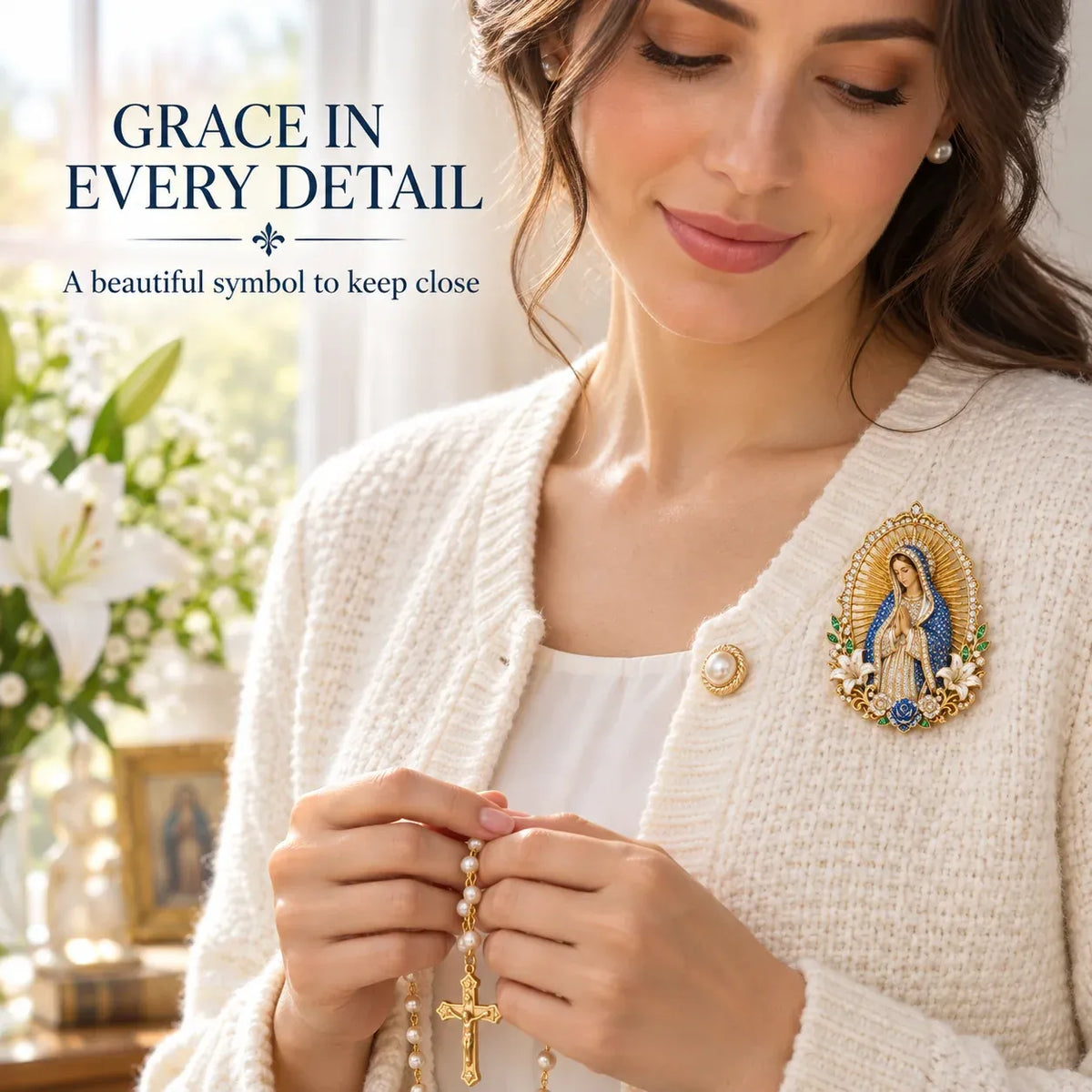 ✝️ 3D Jesus & Mary Sacred Devotion Pin ⏳Gold-Tone Crystal Christian Brooch ❤️