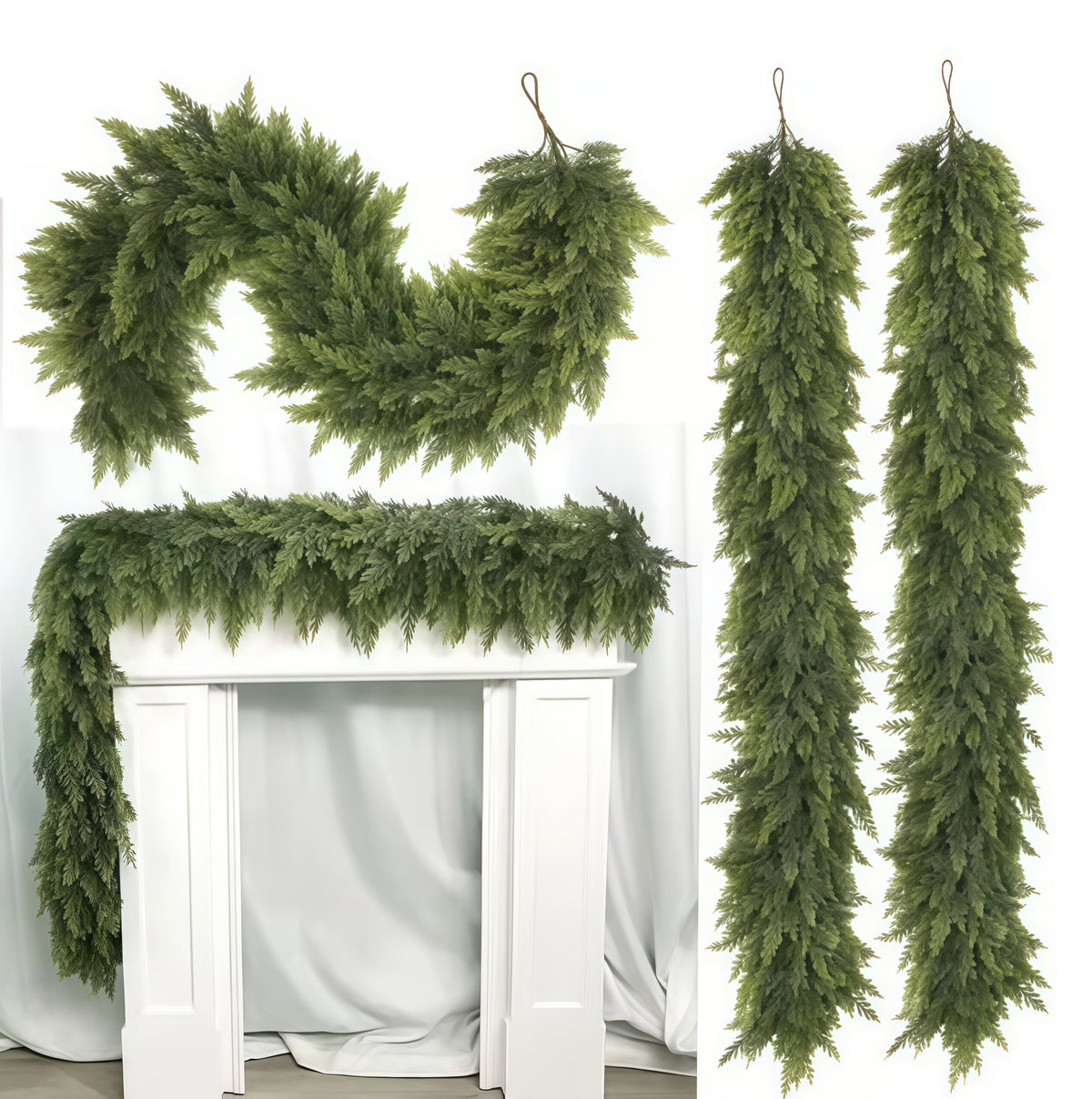 6 FT 2 Pcs Artificial Cedar Garlands, Real Touch Winter Cedar Garland, Green Artificial Greenery Pine Garland for Table, Mantle, Wall, Indoor, Outdoor Christmas Decorations (2, 6 FT)