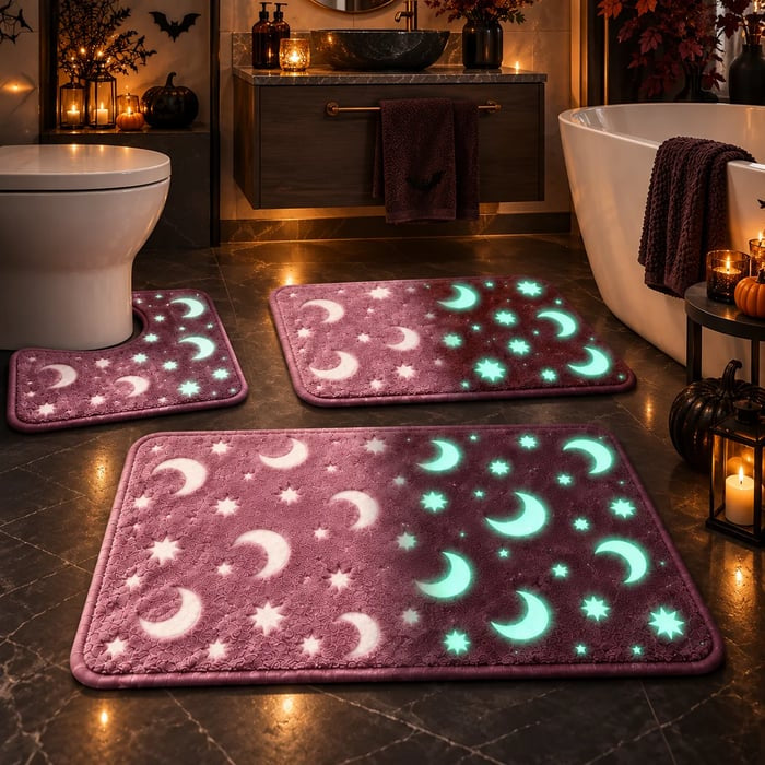 🌙 Glow In The Dark Moon & Star Bathroom Mat Set – 3-Piece Plush Set