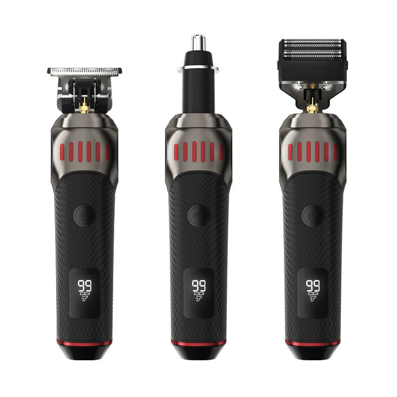 🏆3-in-1 Professional Men’s Grooming Set – T-Blade Trimmer, Foil Shaver & Nose Trimmer – With LED Display & USB Rechargeable