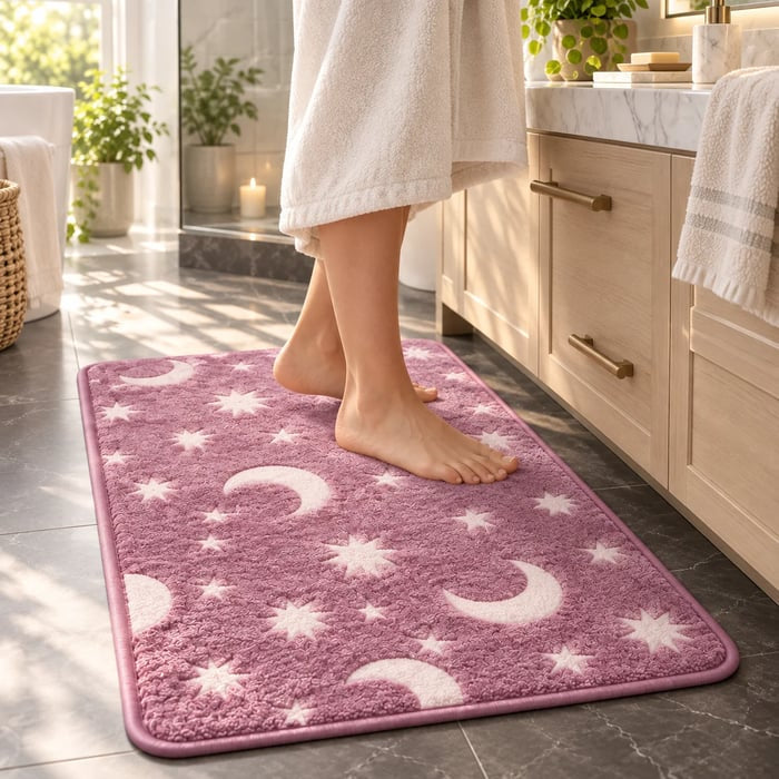 🌙 Glow In The Dark Moon & Star Bathroom Mat Set – 3-Piece Plush Set