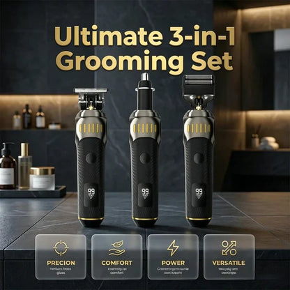 🏆3-in-1 Professional Men’s Grooming Set – T-Blade Trimmer, Foil Shaver & Nose Trimmer – With LED Display & USB Rechargeable