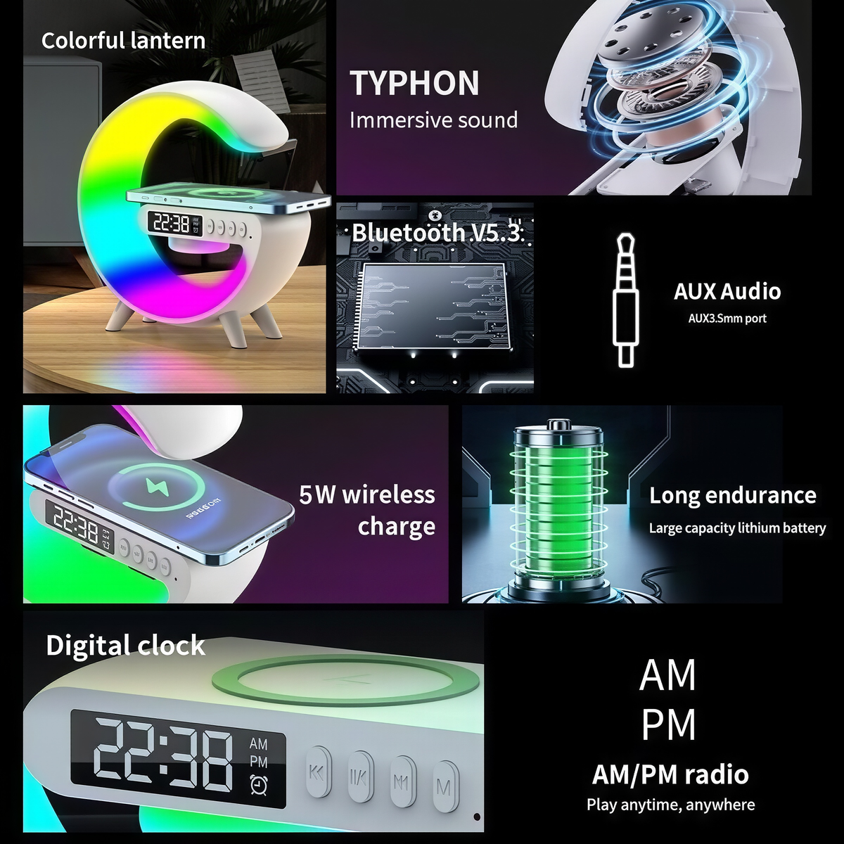 🔥Multifunctional Bluetooth Speaker-Colorful Atmosphere Light Wireless Charging and Clock All-in-one Machine