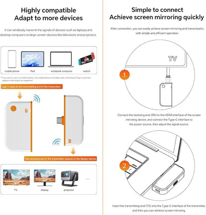 📡 Upgraded Type-C Wireless Transmitter and Receiver Kit – 1080P 60Hz Plug-and-Play Dual-Mode Display Adapter with 165Ft Long Range & Zero Latency for Laptops, Phones & Projectors