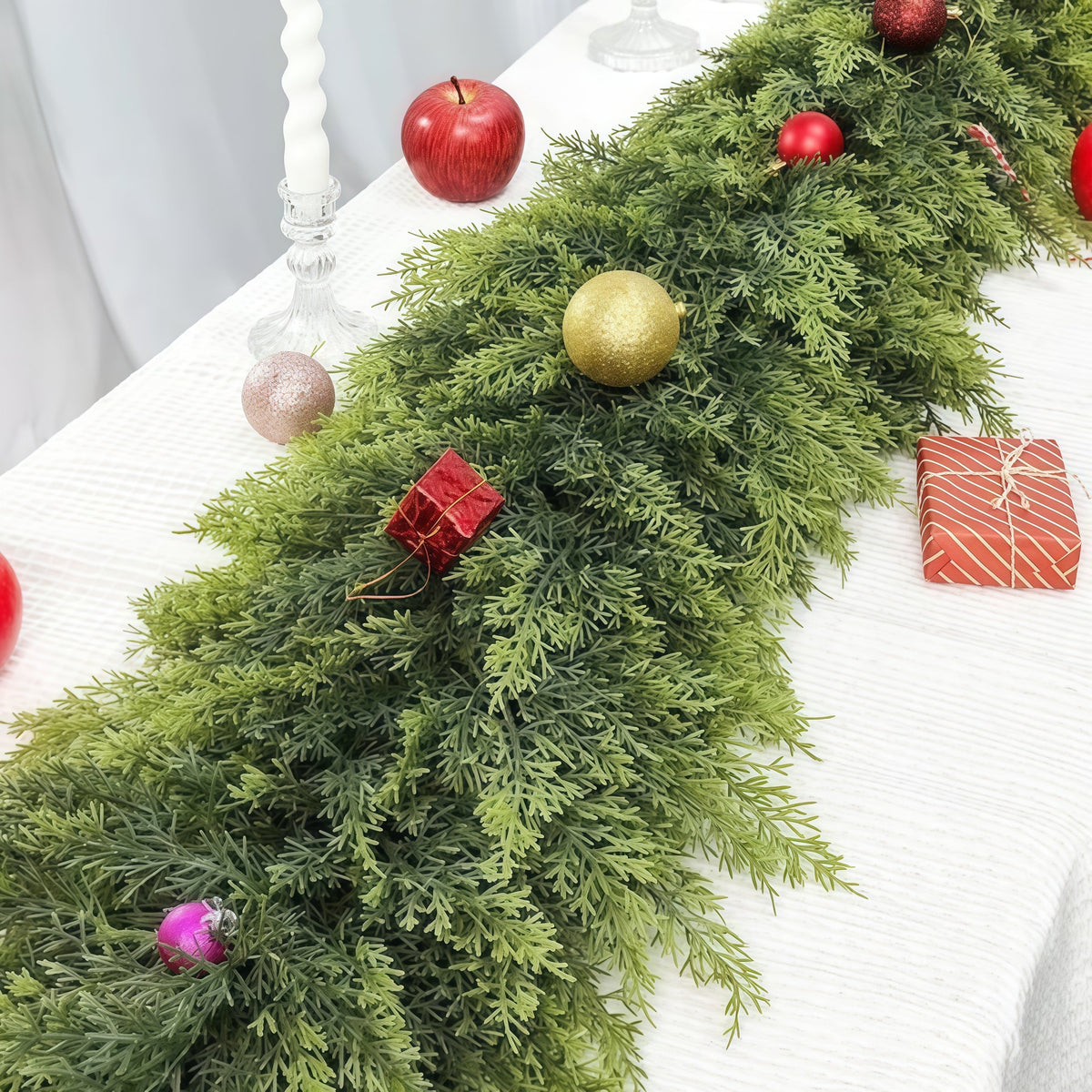 6 FT 2 Pcs Artificial Cedar Garlands, Real Touch Winter Cedar Garland, Green Artificial Greenery Pine Garland for Table, Mantle, Wall, Indoor, Outdoor Christmas Decorations (2, 6 FT)