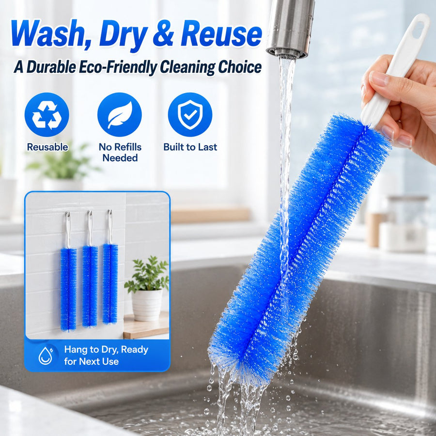 Rinsing the reusable blue dusting brush under running water