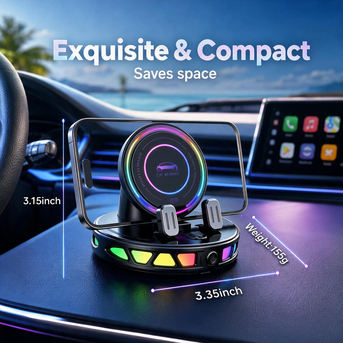 360° Rotating Wireless Charging Car Phone Mount with RGB Light